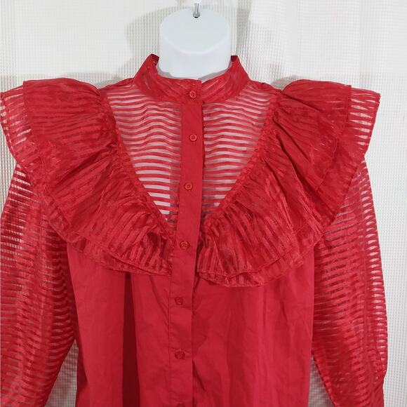 ASHLEY STEWART! RIPE ROUGE REF SHEER STRIPED, RUFFLED POUF SLEEVE BLOUSE! SZ 18 - Picture 3 of 8